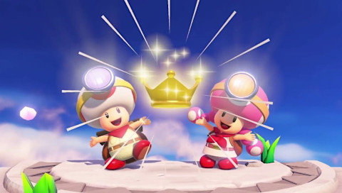 Captain Toad and Toadette, with their headlamps and backpacks on, are ready for adventure and very happy to have won a golden crown.