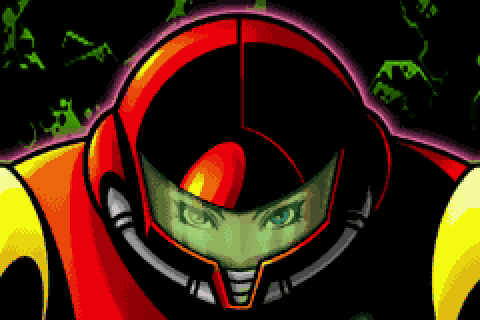 Samus, only her eyes are visible through a visor on the red Power Suit helmet.