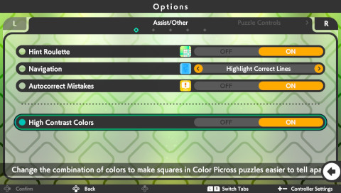 Assist Options screen of a game with High Contrast Colors turned on.