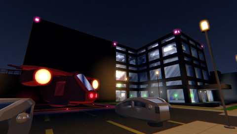 At night, the lights of a glass and concrete building in the background, and a few street lamps, show futuristic looking cars and a helicopter.