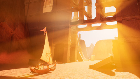 A small sailboat sails across the sand toward the sunlit ruins.