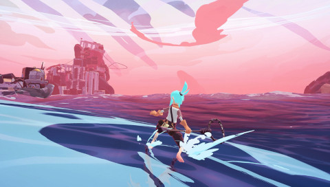 White-haired girl, Sigrid, protagonist of Wavetale, skating barefoot on the surface of the ocean.