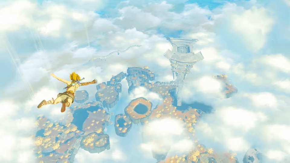 Link, with flowing hair, Greek-inspired clothing and a damaged sword on his back, falls toward floating islands in the sky, with a Temple of Time and a flying dragon in the distance.