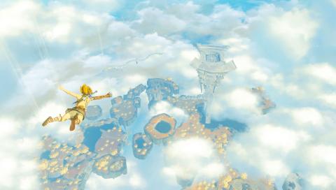 Link, with flowing hair, Greek-inspired clothing and a damaged sword on his back, falls toward floating islands in the sky, with a Temple of Time and a flying dragon in the distance.