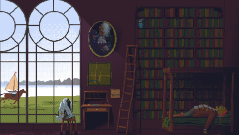 Busy scene of a point-and-click adventure game. On the right side there is a corpse of a man lying on a bed. Behind him is a bookshelf. In the middle is a desk and a chair next to it. A map of the area and a portrait hang above the table. To the left is a large window overlooking a body of water, a boat floating near the shore, and a horse galloping along the shore.