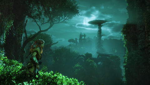 Aloy, the protagonist of Horizon: Zero Dawn, wearing red braided hair, animal skin clothing, a bow, and a quiver, stands in a moonlit jungle and looks at a giant giraffe-like robot in the distance.