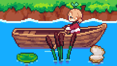 A girl with light-colored hair and a sprout growing out of it is sitting in a boat. Behind her is an island, a lilipad, cattails, and a pearl shell in front of her.