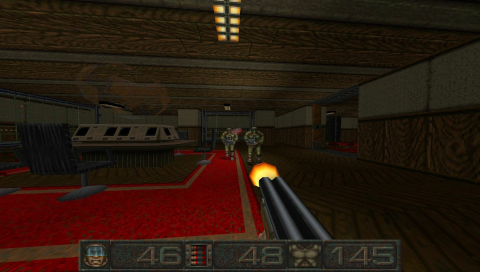 First-person view, with ammo, health and armor indicators in a panel at the bottom. Firing a double-barreled shotgun at two approaching enemy soldiers wearing gas masks. The location is some sort of military headquarters with a bulky computer on the left and a holographic projection of Earth above it.