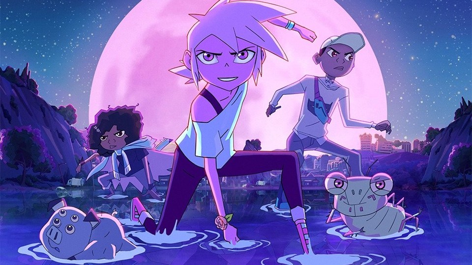 Kipo, a pink-haired girl, strikes a superhero three-point pose with a look of joyful determination on her face. Behind her on the left is Wolf, a girl in a wolf skin cape, and on the right is Benson, a boy in a baseball cap. In the foreground are “mutes” (mutants): Mandu, a four-eyed and six-legged pig, and Dave, a four-armed bug person with a grin on his face. All five are in shallow water, with the ruins of a city and a huge moon behind them.