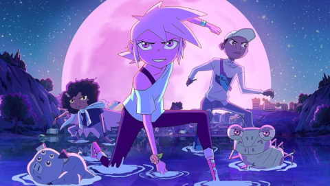 Kipo, a pink-haired girl, strikes a superhero three-point pose with a look of joyful determination on her face. Behind her on the left is Wolf, a girl in a wolf skin cape, and on the right is Benson, a boy in a baseball cap. In the foreground are “mutes” (mutants): Mandu, a four-eyed and six-legged pig, and Dave, a four-armed bug person with a grin on his face. All five are in shallow water, with the ruins of a city and a huge moon behind them.