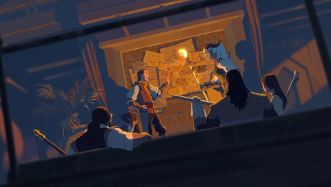 6 characters planning a heist in front of a map board, in a room illuminated only by a light of a magic staff belonging to one of the characters.