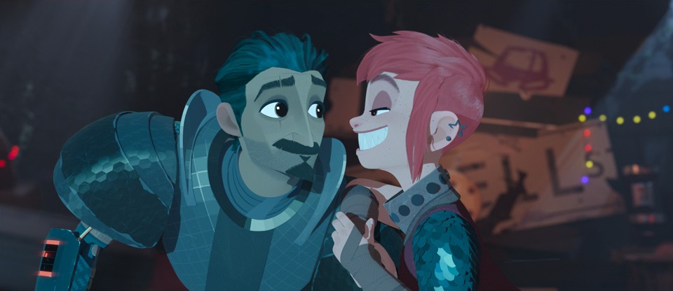 Two main characters, Ballister Boldheart, a dark-skinned knight with short black hair, moustache and goatee, and the titular Nimona, a white-skinned girl with bright pink hair and a big, bright smile full of shark-like teeth. They both look at each other, Ballister friendly, Nimona with a lot of mischief too.