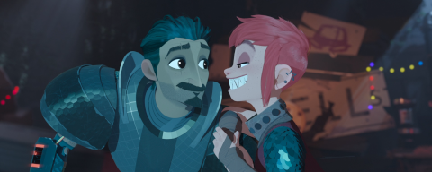 Two main characters, Ballister Boldheart, a dark-skinned knight with short black hair, moustache and goatee, and the titular Nimona, a white-skinned girl with bright pink hair and a big, bright smile full of shark-like teeth. They both look at each other, Ballister friendly, Nimona with a lot of mischief too.