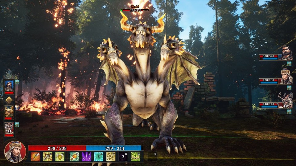 A party is battling a three-headed dragon in a lush forest, with some trees and bushes on fire. UI elements are visible: portraits of three party members with their stats, a turn order, and the currently active character with their available actions.