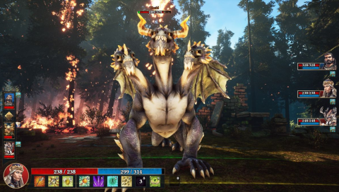 A party is battling a three-headed dragon in a lush forest, with some trees and bushes on fire. UI elements are visible: portraits of three party members with their stats, a turn order, and the currently active character with their available actions.