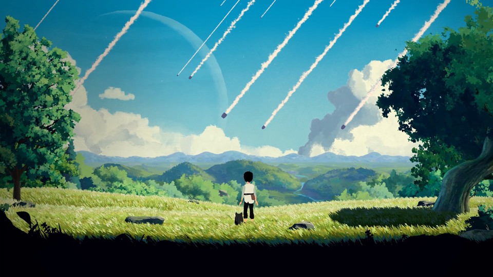 A girl and a blob-cat-like creature stand in a field of grass watching ominous pods fall from the sky.