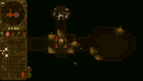 Screenshot of a game showing just the beginning of a first level. There is a dungeon heart and a claimed portal, nothing built yet.
