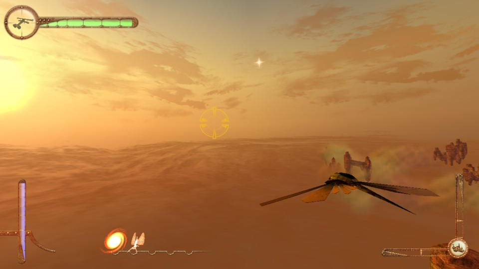 Muddy colored sky with floating rocks. We control a plane that looks like a dragonfly in third person.