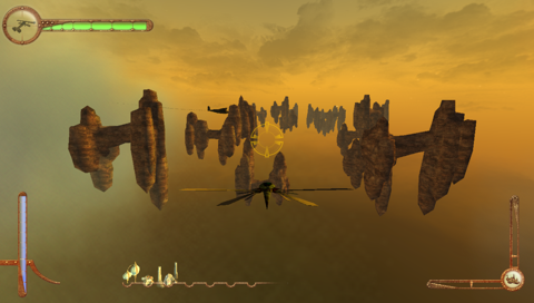 Muddy colored sky with floating rocks. We control a plane that looks like a dragonfly in third person. There is also a WWII looking bomber nearby.