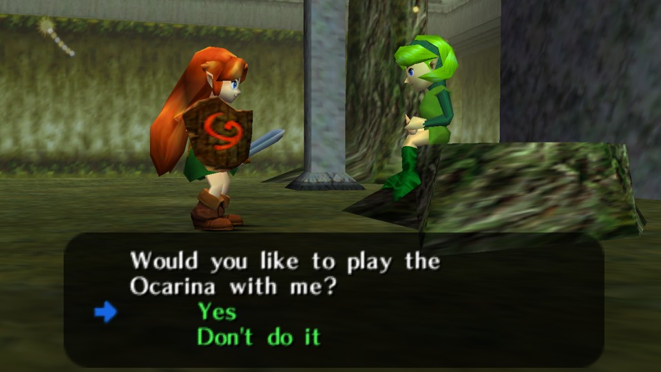 Saria asks Malon, who is playing the role of Link, “Would you like to play the Ocarina with me?”