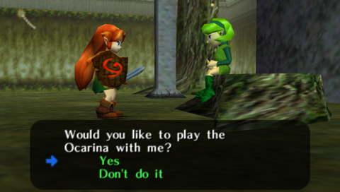 Saria asks Malon, who is playing the role of Link, “Would you like to play the Ocarina with me?”