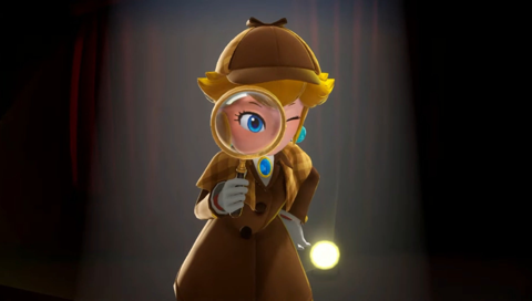 Princess Peach in a green Sherlock Holmes-esque costume looking through a magnifying glass.