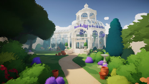 Sunlit colorful garden. A path leads to a white, almost more glass than anything, greenhouse.