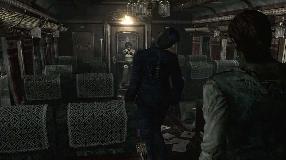 Poorly lit, fancy to the point of garish, train car. Rebecca, a combat medic and one of the game’s protagonists, in a wide stance, her back to the closed door, a handgun pointed firmly at approaching zombies.”