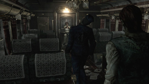 Poorly lit, fancy to the point of garish, train car. Rebecca, a combat medic and one of the game’s protagonists, in a wide stance, her back to the closed door, a handgun pointed firmly at approaching zombies.