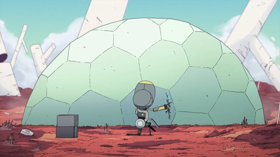 Pastel colored dome out of hexagons, with some huge white stick-like structures behind it. Mostly gray robot shaped like three spheres, one for a head, two for shoulders, rather small body, spindly legs, kneeling in the dirt, holding a flower in a tube-like arm.”