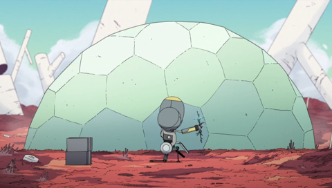 Pastel colored dome out of hexagons, with some huge white stick-like structures behind it. Mostly gray robot shaped like three spheres, one for a head, two for shoulders, rather small body, spindly legs, kneeling in the dirt, holding a flower in a tube-like arm.