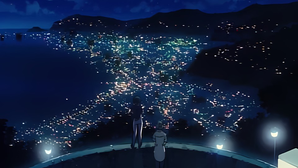 Two women, the main protagonist Alpha with yellow hair and the older Sensei with gray hair, look down on an almost completely flooded city. It’s squeezed between mountains on the right and the sea on the left. At night, you can see it by the streetlights and bright windows of buildings shining through the water.”