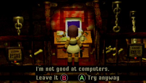 The look of the game is very pixelated and grainy. Dark-haired woman in a white short dress, black shorts and red gloves is standing in a medieval looking dungeon. There are cages, chains on the walls and bones on the floor. She stands in front of a 90&rsquo;s looking computer on an office desk and says “I’m not good at computers”. There are two button prompts for the player: “(B) Leave it” and “(A) Try anyway”.