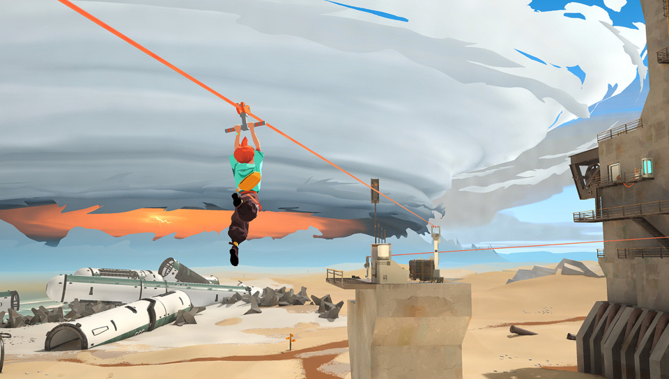 Girl with short red hair, wearing a white jacket, dark pants and boots, glides on a zip line towards a concrete tower. Below her is a sandy desert, to her right is a large concrete building, and to her left are some white tube-shaped missile debris. On the horizon is an ominous red storm with white clouds swirling around it.