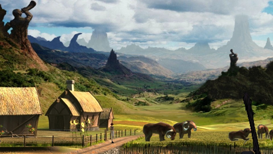 A very small figure of April Ryan, a short-haired brunette, stands on a country road. There are some small wooded buildings, probably a house and a barn, off to her left, with huge sunflower-like flowers behind a small fence. To her right, there is a small herd of animals that looks like an elephant-bull hybrid. Further out, lush green mountains, stretching far into a bluish haze under fluffy white clouds. There are also two huge statues of humanoids blowing into horns.