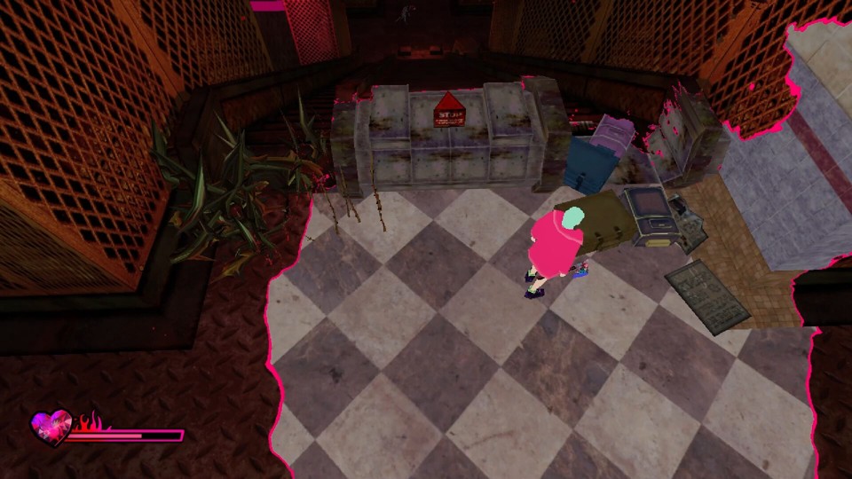 A platinum blonde woman in a hot pink coat stands near two escalators in a subway station. The whole world is divided: in a circle around the woman, there’s dirty tile floor, some scattered around luggage. Outside the circle, it is rusted metal floor and walls, and large, plant-like torns. The graphics are also very PlayStation-esque.