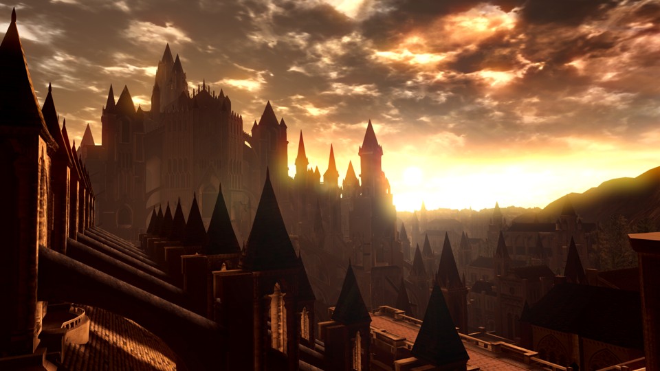 Anor Londo, large Gothic castle of light stone, with planety of towers, arches and bridges. It is backlit by a bright low sun at dusk or dawn, but with dark and ominous clouds above.