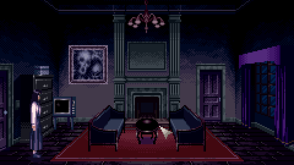 Pixelated screenshot. Jennfer, the protagonist of the game, a white young woman with black hair, wearing a long blue skirt and a white shirt, is standing in a dark living room. There are doors, a window and some furniture, notably two sofas and a coffee table on a red carpet in the middle of the room in front of an unlit fireplace, a turned off TV in the corner and a painting of a ghostly face on the wall above it. An arrow cursor is visible. Pixelated screenshot. Jennfer, the protagonist of the game, a white young woman with black hair, wearing a long blue skirt and a white shirt, is standing in a dark living room. There are doors, a window and some furniture, notably two sofas and a coffee table on a red carpet in the middle of the room in front of an unlit fireplace, a turned off TV in the corner and a painting of a ghostly face on the wall above it. An arrow cursor is visible.