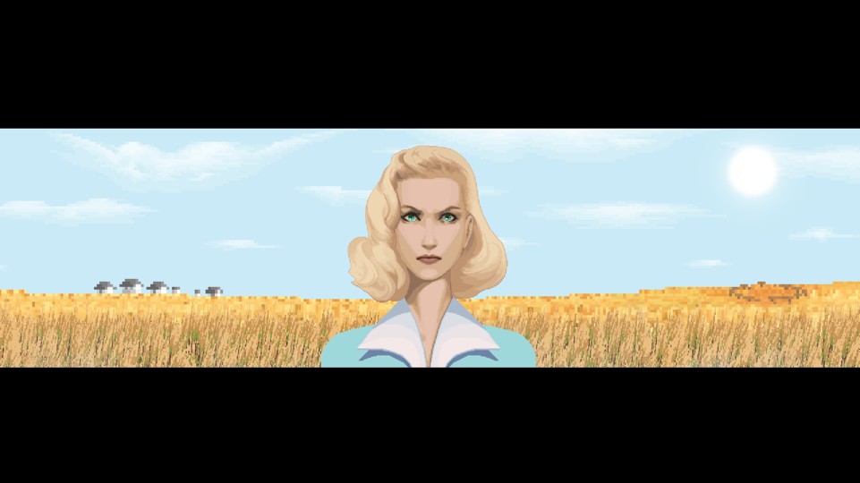 A white platinum blonde woman with bright green eyes in a white blouse stares intently at an observer. There is a clear blue sky and a wheat field behind her. The screenshot is in a thin 32 by 9 letterbox format, with black bars at the top and bottom. A white platinum blonde woman with bright green eyes in a white blouse stares intently at an observer. There is a clear blue sky and a wheat field behind her. The screenshot is in a thin 32 by 9 letterbox format, with black bars at the top and bottom.