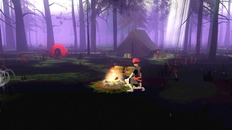 A girl with a red bob haircut, wearing dark shorts and t-shirt, is kneeling in front of a campfire. A couple of tents are behind her. The dark forest, from the ground to the trees, is covered in blueish mist with some cold sun rays beaming from above. The entire image has a somewhat dreamlike quality. A girl with a red bob haircut, wearing dark shorts and t-shirt, is kneeling in front of a campfire. A couple of tents are behind her. The dark forest, from the ground to the trees, is covered in blueish mist with some cold sun rays beaming from above. The entire image has a somewhat dreamlike quality.