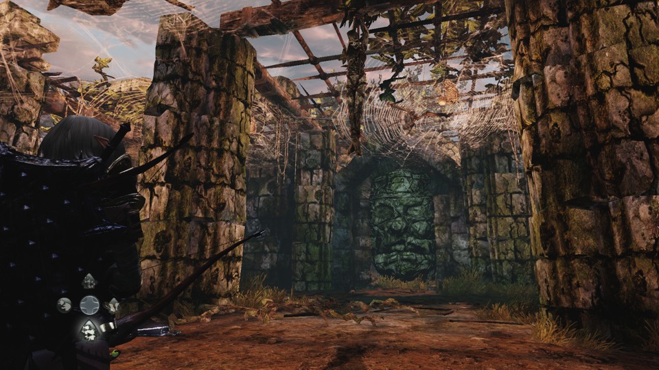 A blonde elf woman stands amid the ruins of a building. She is in the corner of the screen and barely visible, almost entirely covered by a studded wooden shield on her back, and is holding a bow. The ruins have a dirt floor and cracked, overgrown columns and walls. A rusty metal grate serves as the ceiling, and a bunch of humanoid skeletons in various stages of decomposition hang from spiderwebs. The far wall has a large, also cracked, and overgrown stone face.