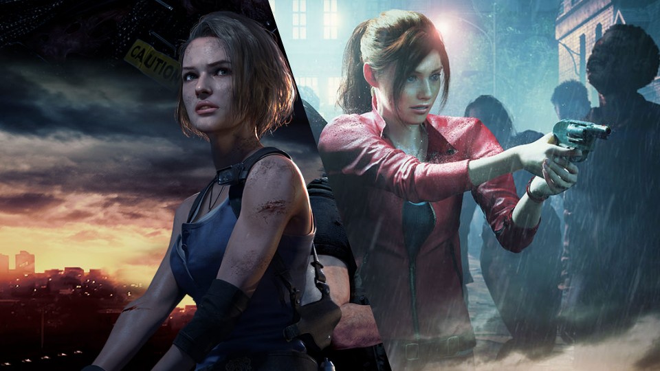 Collage of two images. On the left is Jill Valentine, a white woman with medium-length dark blonde hair wearing a blue tank top. Her skin is covered in splotches of dirt and dried blood, with a few cuts visible. In the background is a dark city under ominous dark clouds and yellow-green fog. On the right is Claire Redfield, a white woman with dark hair in a ponytail wearing a red leather jacket. She is holding a small revolver. Silhouettes of zombies are backlit by streetlamps behind her.