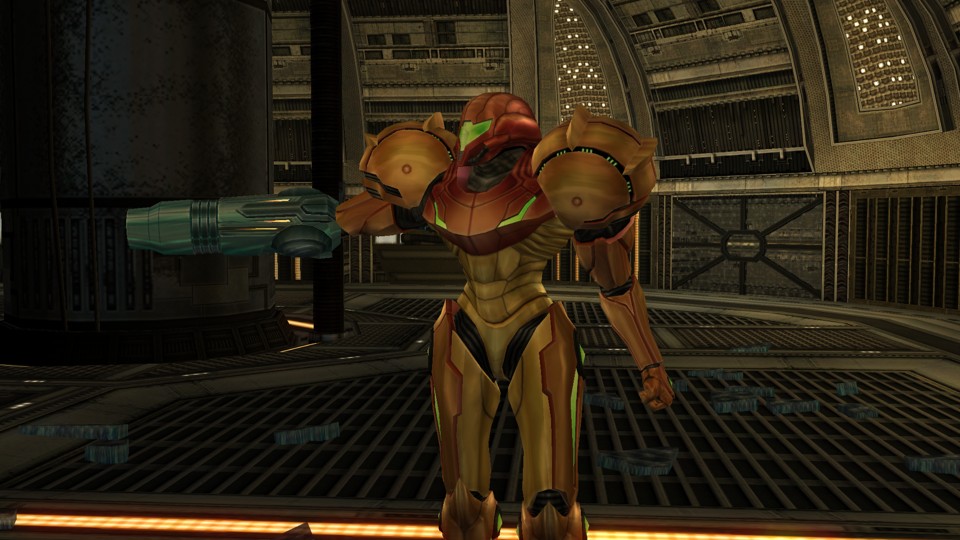 The room is futuristic, with metal walls and panels with blinking lights, as well as a metal grate on the floor. Samus, wearing her classic red and gold Power Suit, walks toward the screen. She points her arm cannon at someone off-screen to the left.