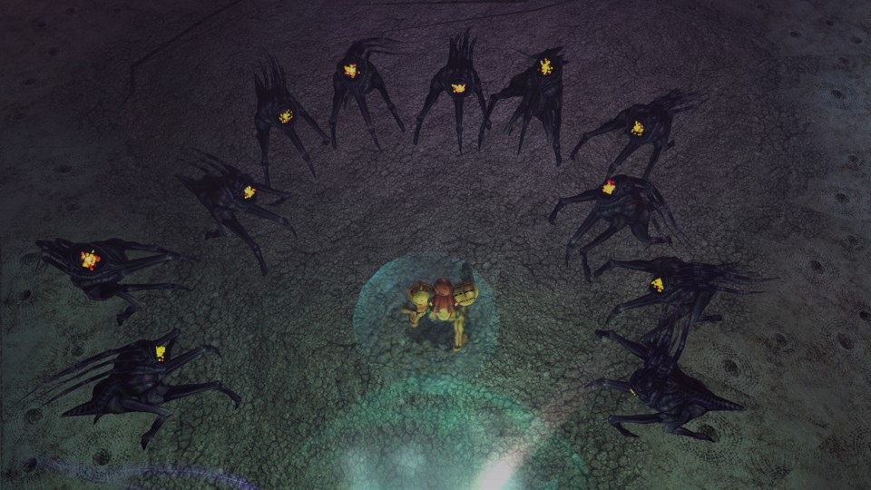 Samus, again in her classic red and gold Power Suit, surrounded by black, alien, prawn-like creatures. They stand on five legs, have short tails, multiple antennae growing back from their heads, and many glowing, eye-like lights on their faces.