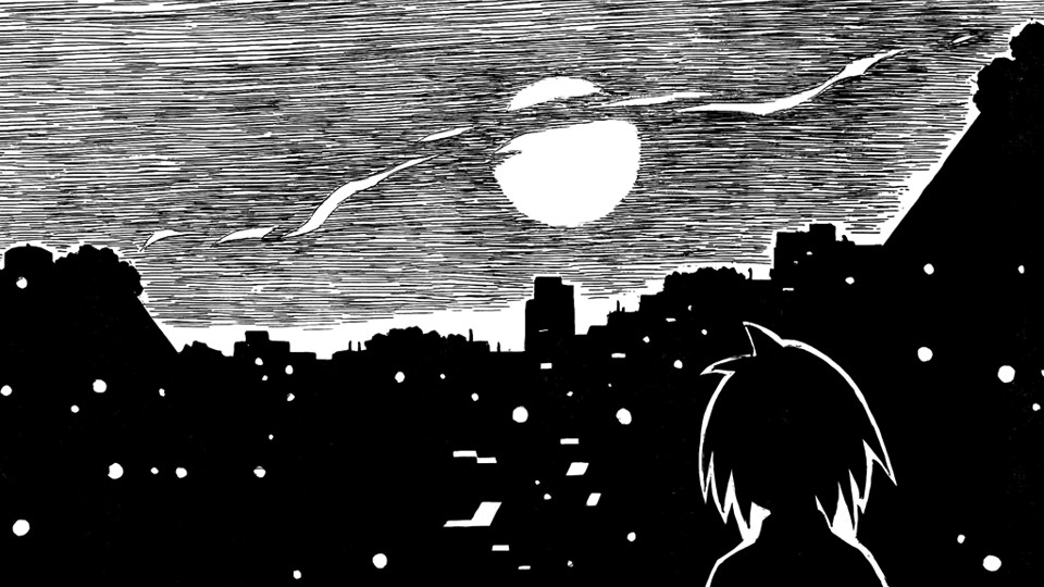 The silhouette of a woman, shoulders up, with short, slightly disheveled hair. She looks at a dark cityscape dotted with lights. Cloudy skies are above it, with a full moon poking through the clouds.