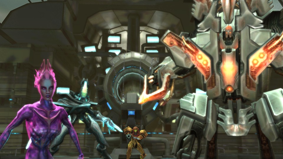Samus, wearing her classic red and gold Power Suit, points her arm cannon toward the camera. She appears small on screen because she is standing in the back of the room surrounded by her allies. On our right, we see the head of Ghor, which is basically a metal helmet with a transparent top that shows a glowing red cybernetic brain poking out of a huge, bipedal, mech-like armorsuit. On the left is Rundas, who looks like armor that resembles insect exoskeletons, made out of chitin-like metal, a featureless, elongated helmet, and has ice-covered fingers. Also on the left, closer to the camera, is Gandrayda, who has a feminine, translucent, purple body with metallic-looking ribs and a face, and also translucent hair that looks like a glass crown.