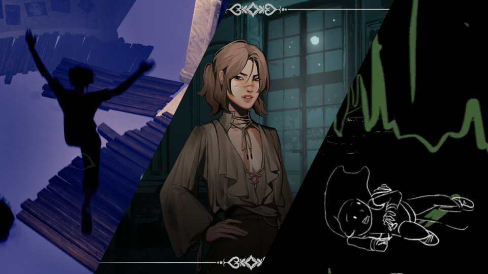 A collage of three screenshots. On the left is a dark silhouette of a young woman jumping toward a wooden platform, with other platforms and walls floating in a void. In the center, a woman with medium-length hair, narrow eyes and a bruise over her nose, stands in front of a window with a starry night sky. On the right, almost a sketch, with simple white lines on a black background depicting a girl rolling under a tree branch.