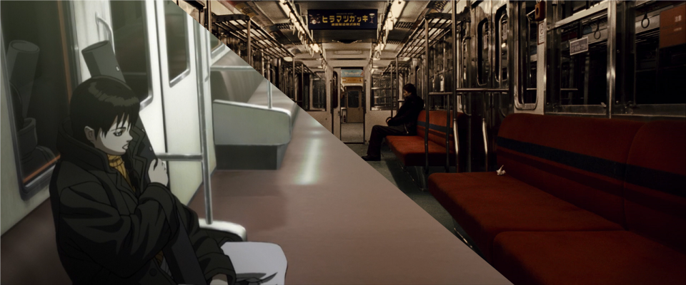 Shots from both movies are combined and split diagonally, they depict the same scene: Saya, a&nbsp;woman with black hair, wearing a&nbsp;dark jacket, sits in&nbsp;a&nbsp;well-lit metro&nbsp;car.