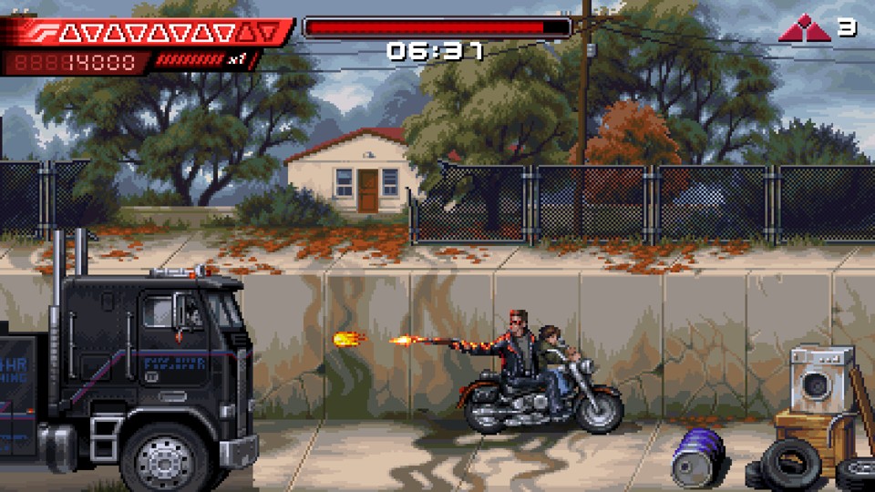 A pixel art depiction of a classic scene from the movie, in which the T-800 rides a motorcycle down a concrete channel with John sitting in front of him. He fires a shotgun at the black semi-truck that is chasing them and is driven by the T-1000.