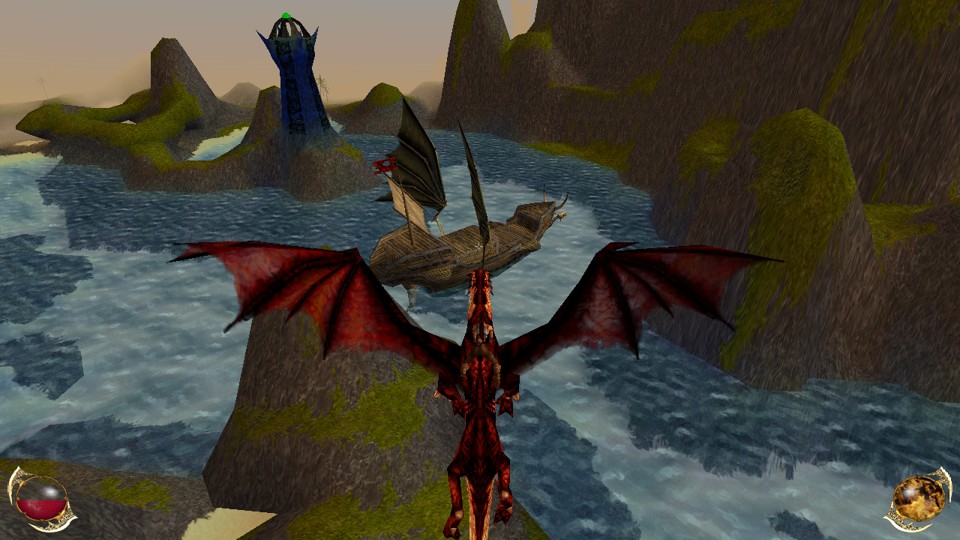 Rynn, the heroine of the game, a white woman with dark hair in a long ponytail, wearing a metal chestplate and leather pants. She rides Arokh, a dark red and gold dragon with a body the size of a large horse, like a Clydesdale, but with a longer neck, a massive tail, and a wingspan around two times his body length. They hover over rocky islands with patches of grass surrounded by clear blue water. In the middle of the water is a wooden ship, and in the background is a tall, windowless stone tower with a spiky top. Rynn, the heroine of the game, a white woman with dark hair in a long ponytail, wearing a metal chestplate and leather pants. She rides Arokh, a dark red and gold dragon with a body the size of a large horse, like a Clydesdale, but with a longer neck, a massive tail, and a wingspan around two times his body length. They hover over rocky islands with patches of grass surrounded by clear blue water. In the middle of the water is a wooden ship, and in the background is a tall, windowless stone tower with a spiky top.